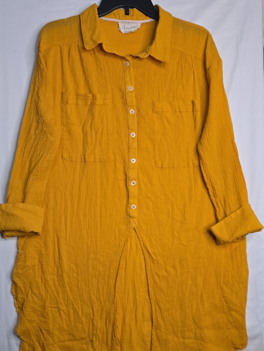By Anthropologie Duster Tunic Shirt Long Sleeve Mango/Mustard Hi Low Oversized - Picture 6 of 13